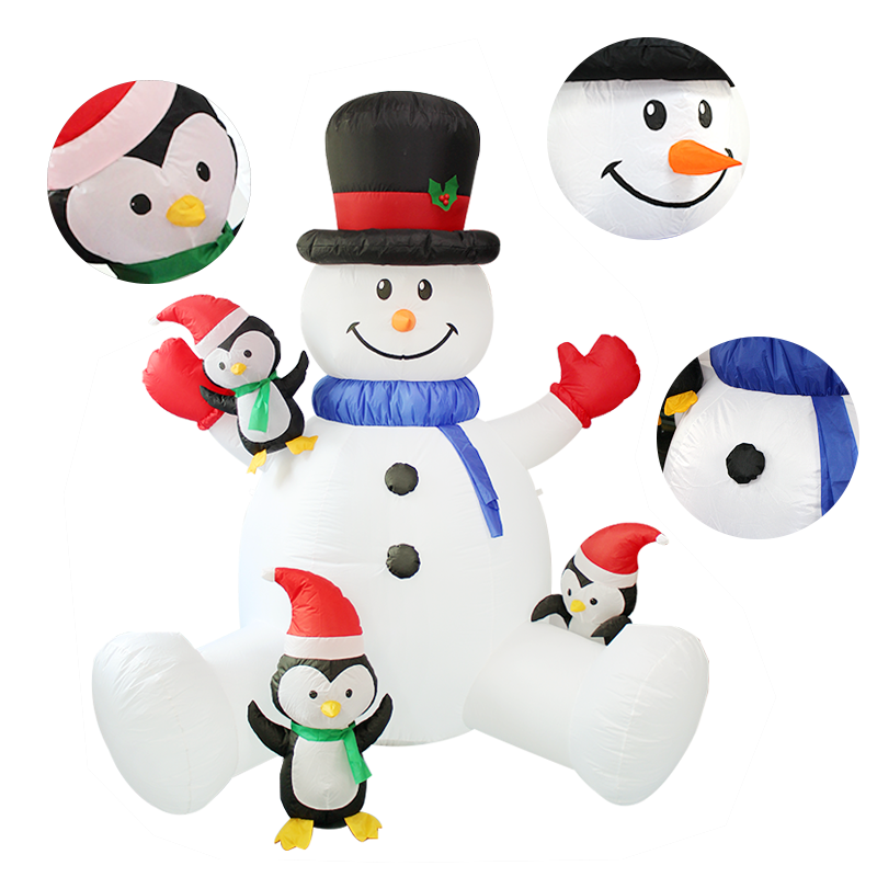 Happy Sitting Snowman with Penguin Inflatable Decoration